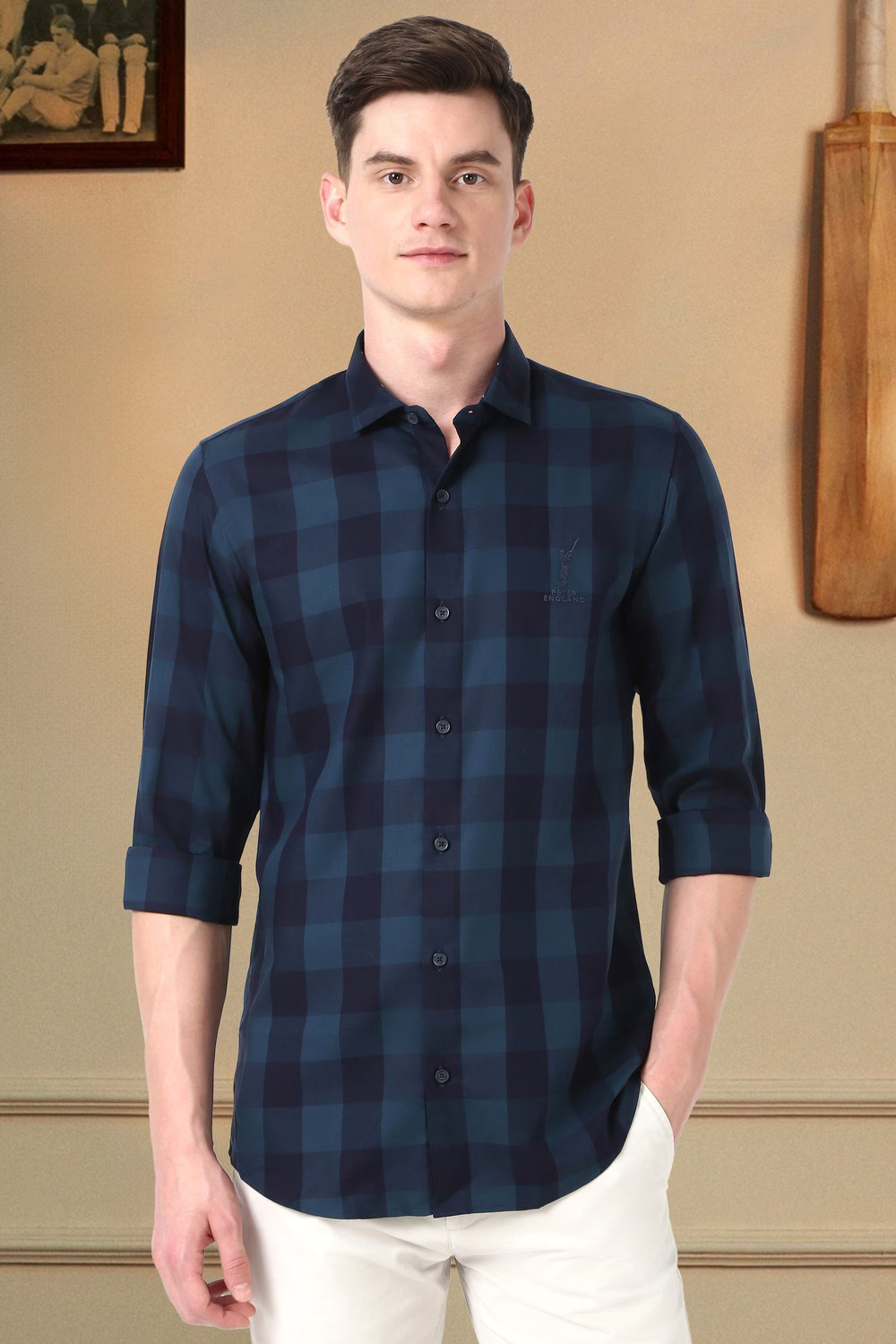 Men Navy Slim Fit Check Full Sleeves Casual Shirt