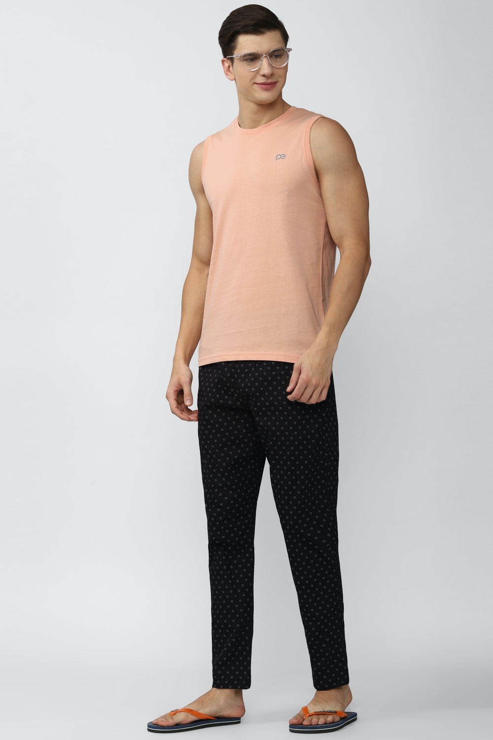Men Peach Solid Round Crew Neck Tank Top