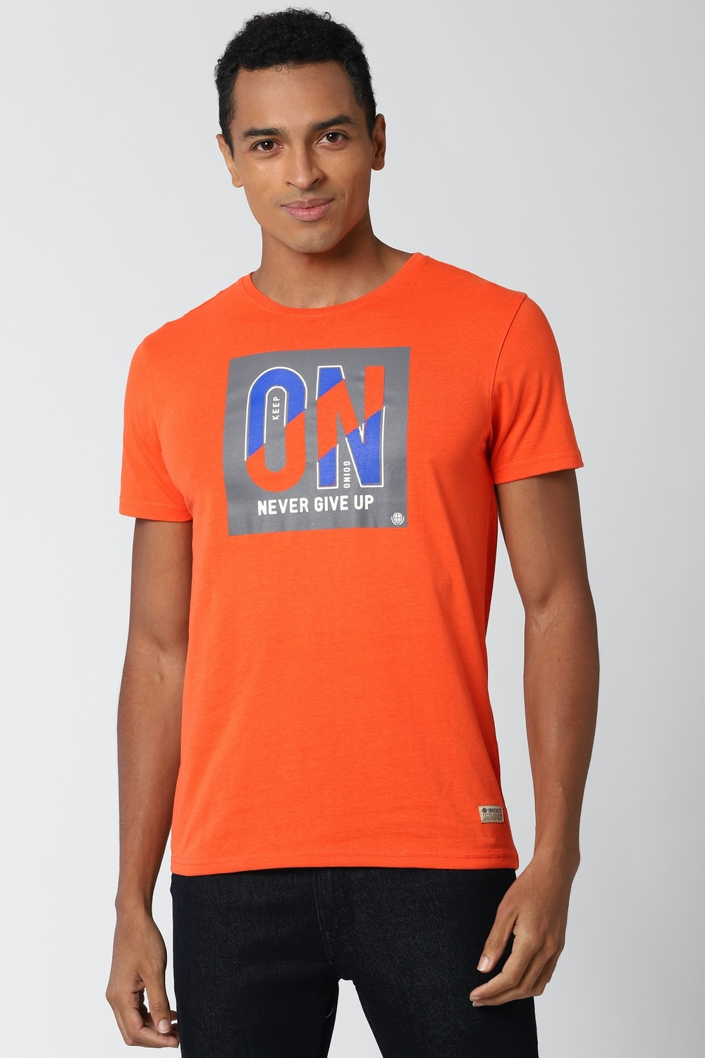 Men Orange Graphic Print Round Crew Neck Crew Neck T-shirt
